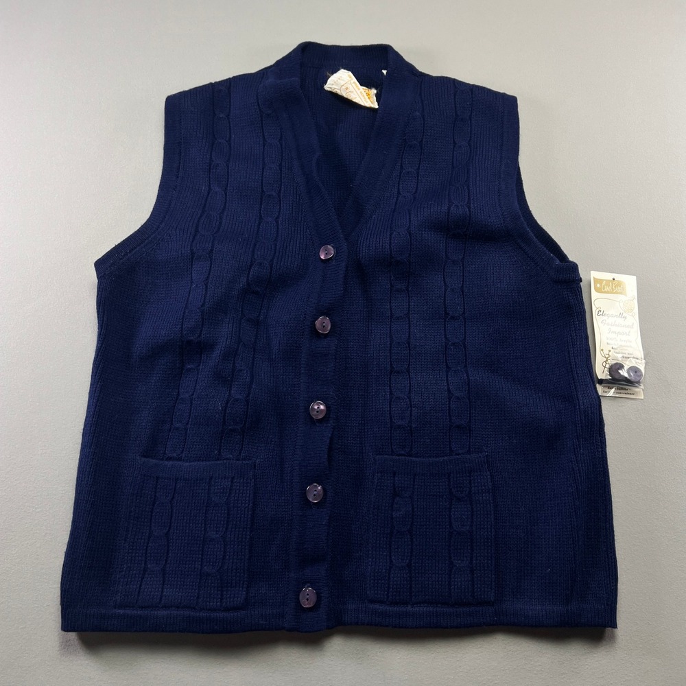 Vintage Carol Brent Sweater Vest Womens 42 Navy Blue Cable Knit Button Front